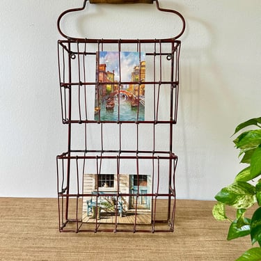 Vintage Farmhouse Red Wire Two Tier Wall Storage Rack 