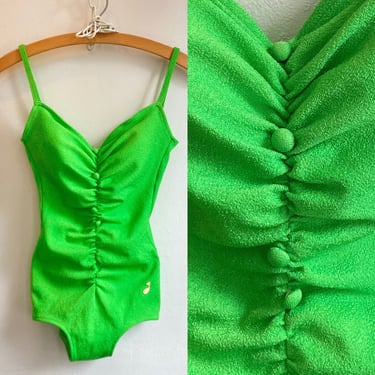 Vintage 70s Ruched Swimsuit + Buttons / Interior Soft Cup Bra + Low Back / Goldfish Brand 