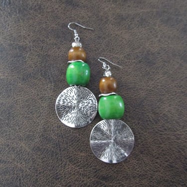 Large hammered silver and wooden earrings, green 