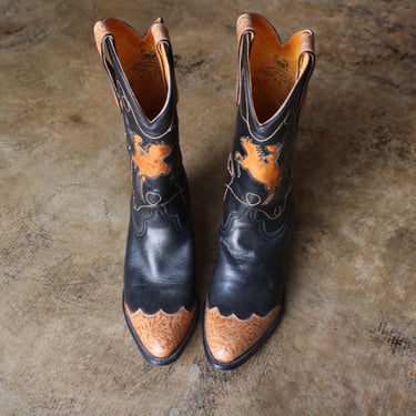 9 B Women's Cowboy BOOTS / Vintage Fancy Western Boots / Brown & Black Tooled Leather 