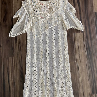 Vintage Crochet Dress Womens Medium Cream Net Bohemian Wedding 