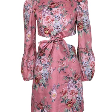 Zimmermann - Pink w/ Multicolor Floral Print Linen Mini Dress Sz 4