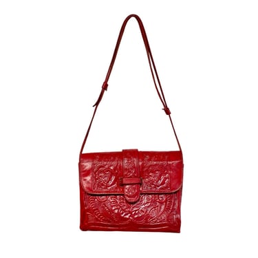 Vintage 1970s Cherry Red Tooled Leather Purse Made in Mexico, 70s Embossed Roses Tourist Souvenir Shoulder Bag, VFG 