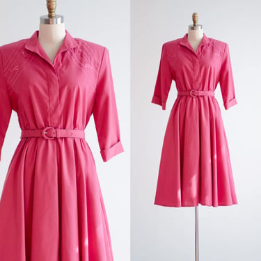 hot pink dress 80s vintage embroidered shirtwaist fit and flare midi dress 