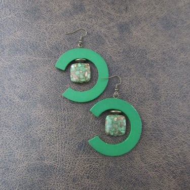 Mosaic marble stone and green wooden earrings 