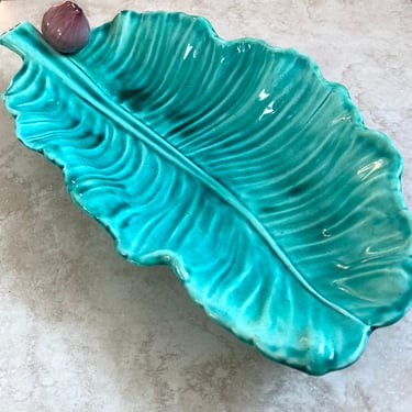 Sale~Large footed Dish~ turquoise green Fern Pod oblong footed bowl~ Majolica Plantation Leaf Palm centerpiece tray~Mid Century California 