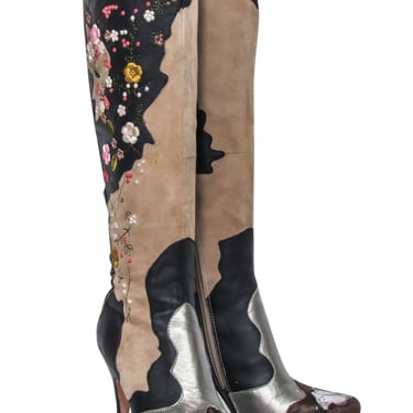Sam Edelman - Brown & Beige Floral Embroidered Leather Tall Boots Sz 6