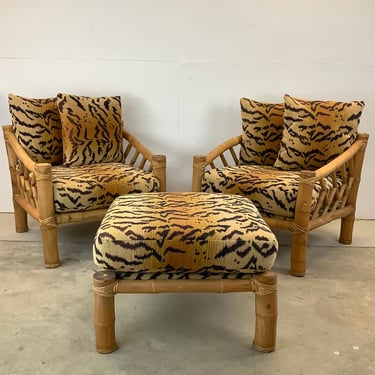 Vintage Bamboo Tiger Print Armchairs With Ottoman 