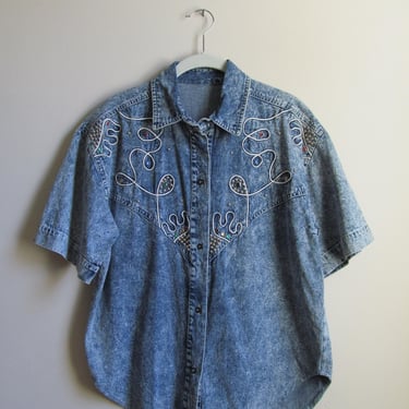 90s Western Embellished Denim Shirt L 42 Bust 