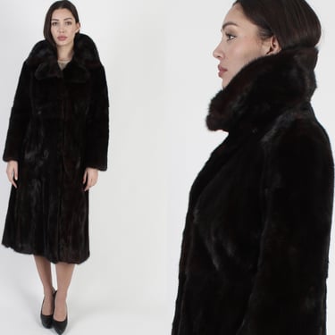 Emelio Gucci Black Orchid Mink Coat, Vintage 70s Womens Princess Coat, Plush Large Fur Under Collar Designer Evening Jacket S 