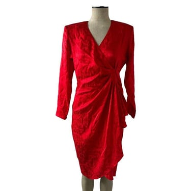 Vintage Kenar Womens Red 100% Silk Floral Wrap Romantic V Neck Dress Sz 8 