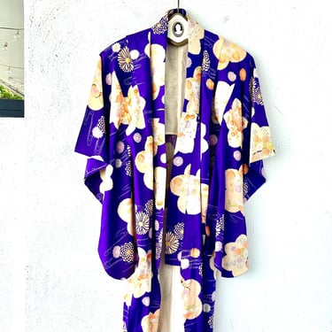 Vintage 1940s Japanese Kimono Purple Floral Duster Boho Asian Robe 