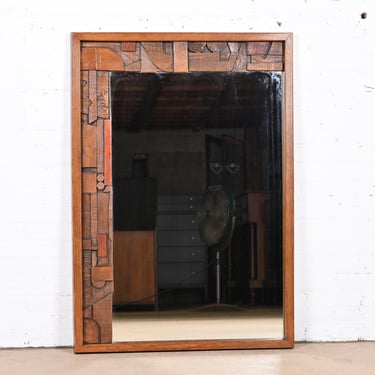 Paul Evans Style Lane Pueblo Brutalist Oak Framed Wall Mirror, 1970s