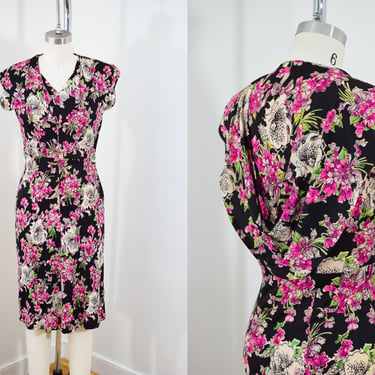 Late 1940s/ Early 1950s Rayon Jersey Novelty Print Dress | XS 