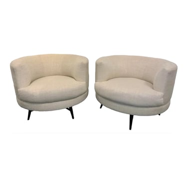 Mid-Century Modern Inspired Beige and Cream Barrel Back Swivel Chairs Pair
