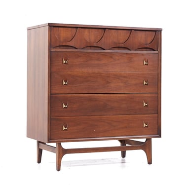 Broyhill Brasilia Mid Century Walnut and Brass 5 Drawer Highboy Dresser - mcm 