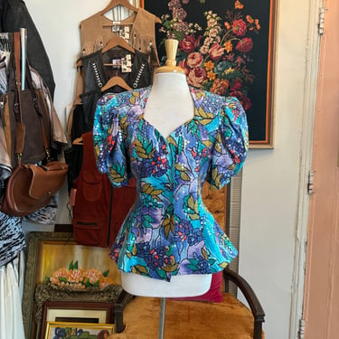 vintage 80's linen floral sequin peplum blouse top 