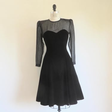 1980's Black Velvet Polkadot Illusion Bodice Cocktail Dress Long Sleeves Flared Skirt Shoulder Pads 80's Party Dresses 28