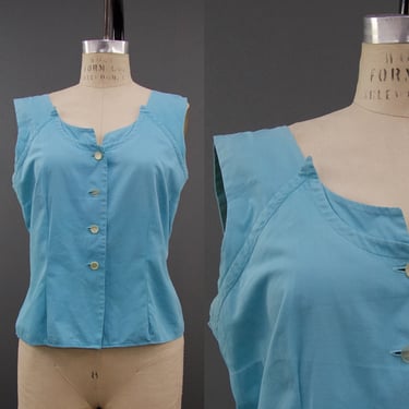 Vintage 1950s Turquoise Blue Cotton Blouse, Vintage Southland Fashions, 50s Cotton Blouse, Vintage Button Down Top, 50s Pin-up, Chest 40
