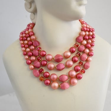 1950/60s Hot Pink Faux Pearl Four Strand Necklace 