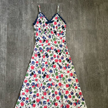 1930s cherry print dress . vintage sleeveless gown . size xs to small 