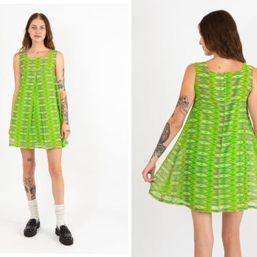 Vintage 1960s 60s Green Zig Zag Cotton Trapeze Style Mini Dress w/ Square Neckline 
