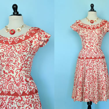 Vintage 1950s Red Floral Print Drop Waist Dress, Vintage 50s Pleated Skirt Day Dress 