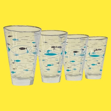 Vintage Libbey Highballs Retro 1960s Mid Century Modern + Mediterranean + Blue and Gold Fish + Clear Glass + Set of 4 + MCM Kitchen or Bar 