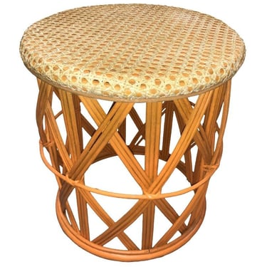 Restored Rattan Orange and Natural Cane Side Table 