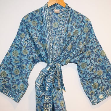 Hand Block Printed Cotton Kimono Robe, Lightweight Cotton Bathrobe, Summer Kimono, Wood Block Print, Midi Robe, Blue Floral Kimono Robe 