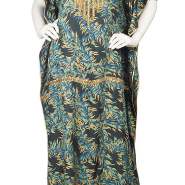 Miss Egypt 1970s Vintage Gold Embellished Blue & Green Silk Twill Caftan 