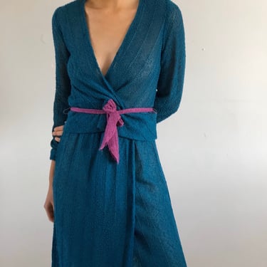 90s wrap matching set / vintage teal knit wrap front sweater + matching wrap knit skirt 2 piece matching wrap belted dress set | Small 