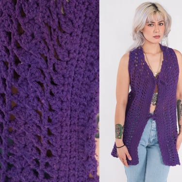 70s Crochet Vest Purple Knit Top 70s Hippie Boho Vest Open Weave Sheer 1970s Vintage Bohemian Sleeveless Sweater Small Medium 