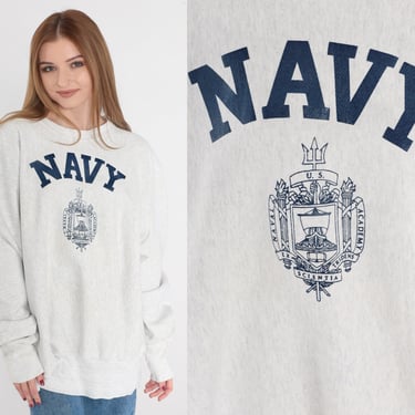 U.S Navy Sweatshirt 90s United States Military Crewneck Sweatshirt Pullover Naval Academy Crest Graphic Shirt USA Vintage 1990s Mens XL 