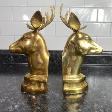 Vintage Brass Stag Deer Bust Bookends Pair, Art Deco Hollywood Regency Era Decor, Jack Housman Brass Reindeer, Vintage Brass Book Ends 
