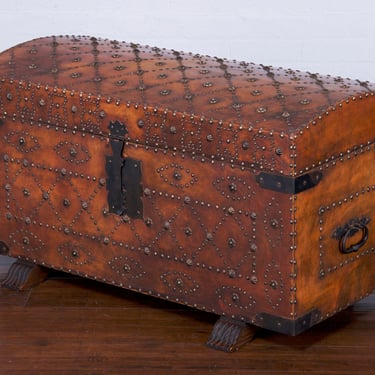 Antique Spanish Studded Brown Leather Trunk 