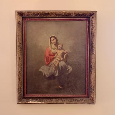 Antique Old Masters Virgin Mary and Child Large Oil on Canvas Painting - Free Shipping 