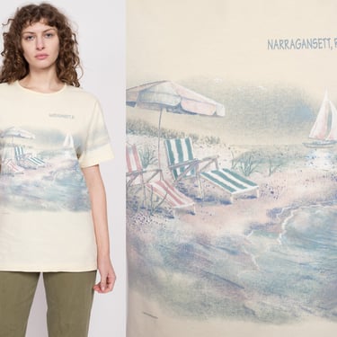 90s Rhode Island Narragansett Beach Scene T Shirt - Men's Medium, Women's Large | Vintage Yellow Wrap Around Graphic Tourist Tee 