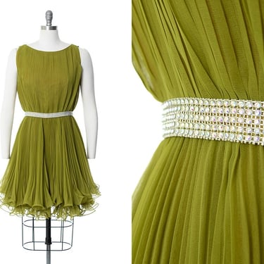 Vintage 1960s Party Dress | 60s Pleated Olive Green Chiffon Ruffly Miss Elliette Style Rhinestone Fit and Flare Dress (small/medium) 
