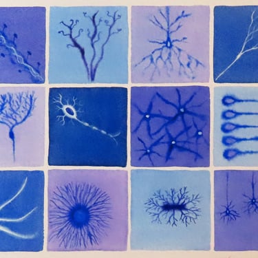Neurons in Lavender and Blue - original watercolor painting - brain cells - neuroscience art 