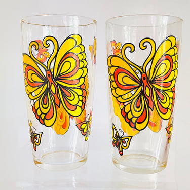 Vintage 1970s MOD Retro Orange Yellow Butterfly Decal Glass Drink Tumblers Glasses 