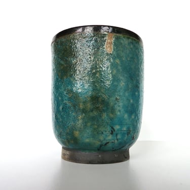 Vintage Japanese Wood Fired Yunomi Studio Pottery Cup, Hand Crafted Turquoise Lava Raku Glazed Tea Cup 