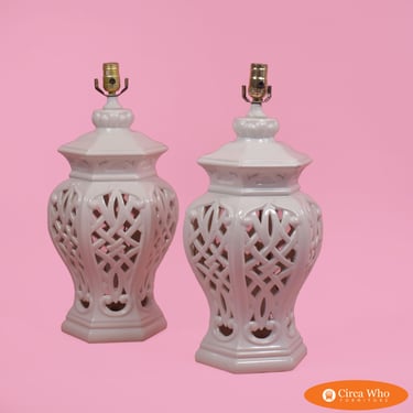 Pair of Fretwork Ceramic White Table Lamps