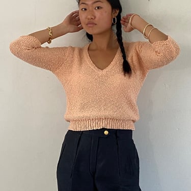 90s linen sweater / vintage blush peach cropped linen blend silky pullover V neck sweater | Small 