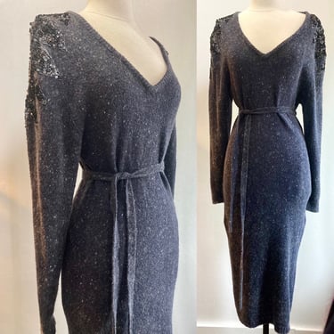 Vintage 70's 80's Sexy SILK + Angora Knit SWEATER DRESS / Sequined Shoulders + Tie Belt / Body Con / Raoul 