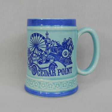 Vintage Cedar Point Mug - Blue Glazed Ceramic Cup w/ Handle - Antique Cars Ferris Wheel Train 