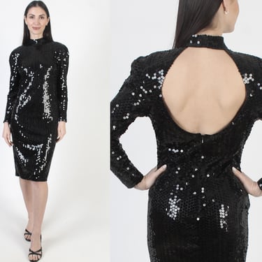 Black Oleg Cassini Sequin Dress, Open Backless Back, Y2K Tight Bodycon, Womens Evening Prom 