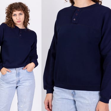 Medium 80s Navy Blue Henley Sweatshirt Top Unisex | Vintage USA Olympics Plain Long Sleeve Pullover 