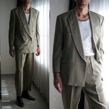 Vintage 80s GIORGIO ARMANI Le Collezioni Light Olive Herringbone Double Breasted Suit | Made in Italy | Size 41 | 1980s ARMANI Designer Suit 
