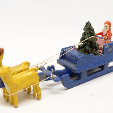 Antique German Erzgebirge Sleigh with Santa & Reindeer, Christmas tree,  Vintage Christmas Toy 